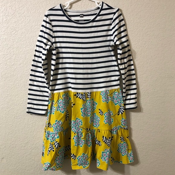 Tea Collection Girls Navy Striped and Yellow Floral Tiered Cotton Dress - Size 8 - Picture 2 of 8